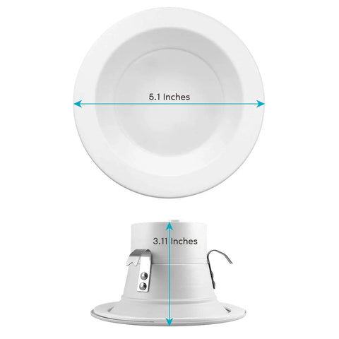 Front and side view of 4 Inch LED Recessed Can Lights With Dimmable Retrofit Downlights One Easy Switch Lets You Pick Five Color Temps 2700K 3000K 3500K 4000K 5000K 750 Lumens Energy Star Wet Rated ETL Listed 4 Pack, showing dimensions.