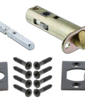 New York Style Door Knob With Plate For Interior Doors, lock mechanism and installation screws shown in detail