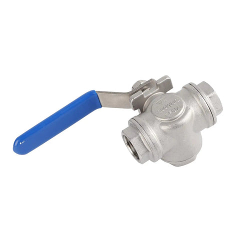 304 Stainless Steel Three Way Ball Valve One Half Inch Female Thread, blue handle, durable industrial fitting for pipelines.