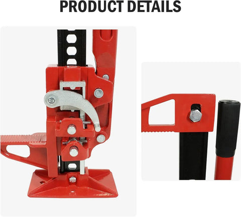Close-up of the Beefy 60 Inch Farm Jack with 6000 lb capacity, showcasing steel ratchet and red cast iron components for off-road use.