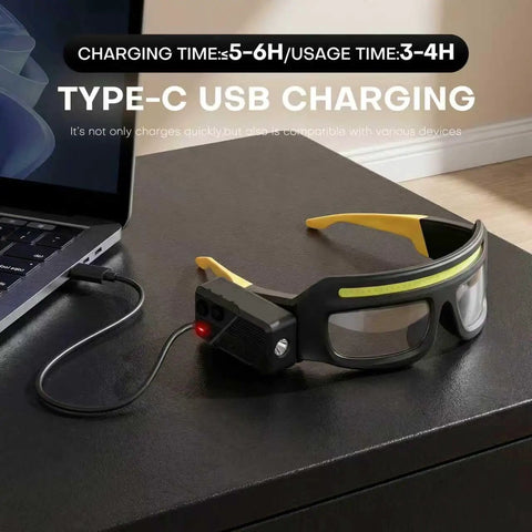 Kickass HandsFree Rechargeable Led Glasses Headlamp Featuring Motion Sensor And Tap Touch Switch Ipx4 Wet Weather Ready For Tactical Camping And Night Riding Gear charging with Type-C USB cable.