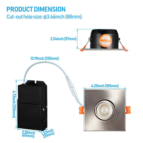 3 Inch Gimbal LED Recessed Light Kit, Dimmable Ten Percent To One Hundred Percent, 7W Equal To 50W Recessed Downlight, CRI 90+, 5000K Daylight, ETL And Energy Star Certified, Satin Nickel Square Trim, 120V, Pack Of 6
