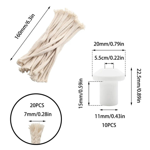 Durable Ceramic Oil Lamp Holder Kit With 10 Holders And 20 Cotton Braided Replacement Wicks, sizes shown with measurements