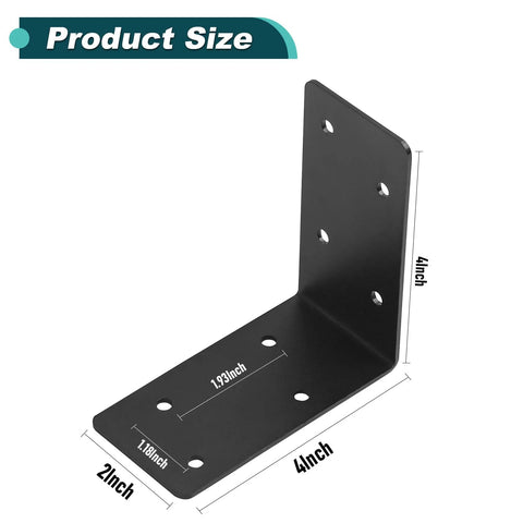 L-bracket, black metal, 4x4x2 in, heavy-duty steel for wood shelves; angled front view