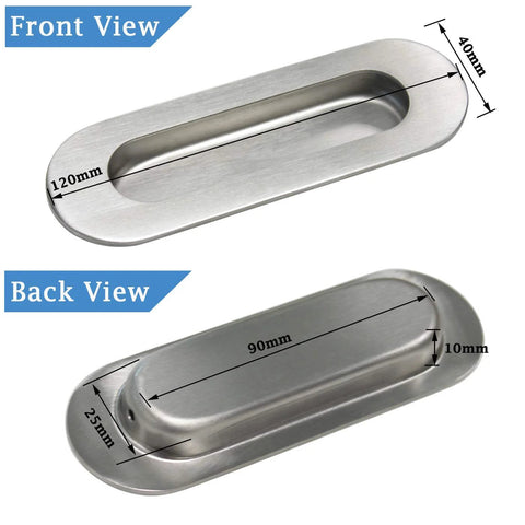 Front and back view of Stainless Steel Oval Recessed Sliding Door Flush Pull Handle 120mm by 40mm Brushed Satin Nickel Finish 304 Stainless Steel Pack of 2