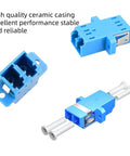 LC To LC Duplex Singlemode Fiber Optic Coupler Adapter With Blue Zirconia Ceramic Ferrules Low Insertion Loss, three views