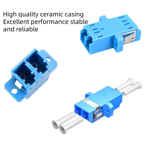LC To LC Duplex Singlemode Fiber Optic Coupler Adapter With Blue Zirconia Ceramic Ferrules Low Insertion Loss, three views