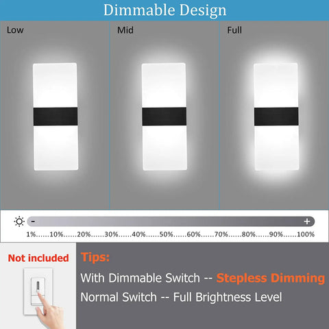 Modern Indoor Wall Sconces Set Of Two LED Wall Mount Lamps 12W Cool White 6000K Hardwired dimming demonstration with switch