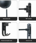 Components of Beefed Up Heavy Duty 180 Degree Rotating Motorcycle Helmet Holder, showing removable ball, rotation, hooks, and nut.