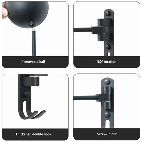 Components of Beefed Up Heavy Duty 180 Degree Rotating Motorcycle Helmet Holder, showing removable ball, rotation, hooks, and nut.