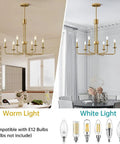 Shiny Gold 6 Light Candle Chandelier For Dining Room Living Room Kitchen And Foyer Over Table Ceiling Light Fixture 28 Inch E12 Bulb Compatible Modern Vintage Style That Really Pops Any Space showcasing warm and white light options