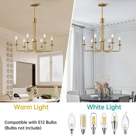 Shiny Gold 6 Light Candle Chandelier For Dining Room Living Room Kitchen And Foyer Over Table Ceiling Light Fixture 28 Inch E12 Bulb Compatible Modern Vintage Style That Really Pops Any Space showcasing warm and white light options