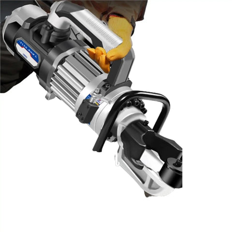Heavy Duty Electric Hydraulic Rebar Cutter And Steel Bar Bender With Straightening Feature For 4 To 16 Mm Rods showing operator grip on tool.