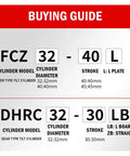 Buying guide for FCZ32 and DHRC32 pneumatic cylinders with specifications for model, diameter, stroke, and plate type.