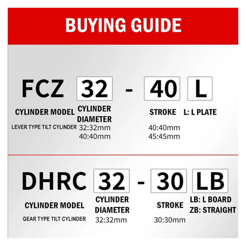 Buying guide for FCZ32 and DHRC32 pneumatic cylinders with specifications for model, diameter, stroke, and plate type.