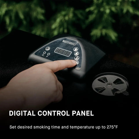 Digital Electric Vertical BBQ Smoker With Patented Side Wood Chip Loader And Chrome Racks 710 Square Inches Of Cooking Space 30 Inch Black Unit Easy Digital Controls For Precise Temperature And Time Great For Backyard Smoke Model MB20071117 digital control panel close-up
