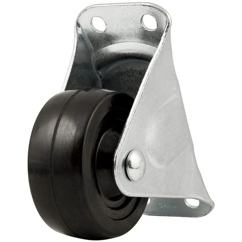 Heavy-duty rubber caster wheel with rigid non-swivel top plate; 3-inch wheel on metal mounting bracket.