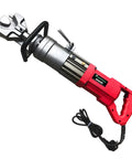 No-Fuss 1100W Electric Rebar Bender Boasts Snappy Hydraulic Action For Instant 0-90 Degree Bends On 7/8 Inch Steel Rods, red handle.