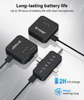 3 in 1 Wireless Lavalier Microphone Clip-On for iPhone Android and Camera, black chargers with 18-hour battery indicator
