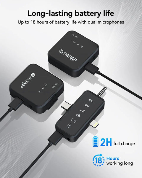 3 in 1 Wireless Lavalier Microphone Clip-On for iPhone Android and Camera, black chargers with 18-hour battery indicator