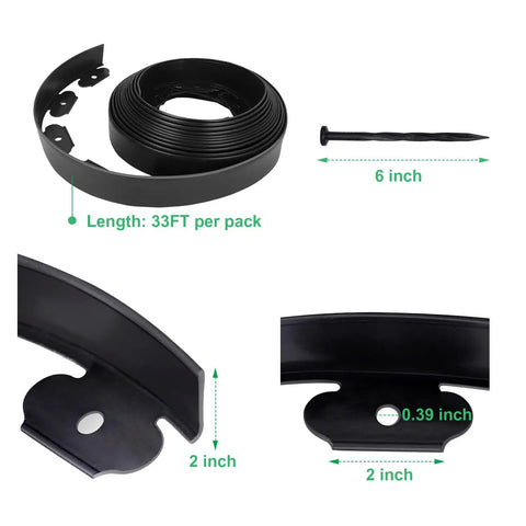 2 Inch Landscape Edging Border Kit With 100 Anchoring Spikes, 66 Foot Flexible Plastic Edge for garden beds in black, shown in rolls