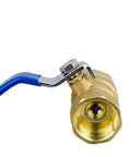 Heavy Duty Brass Ball Valve With Lever Handle For Copper Plumbing Tap Half Inch To Two Inch Threads High Flow Quick Turn close-up with blue lever.