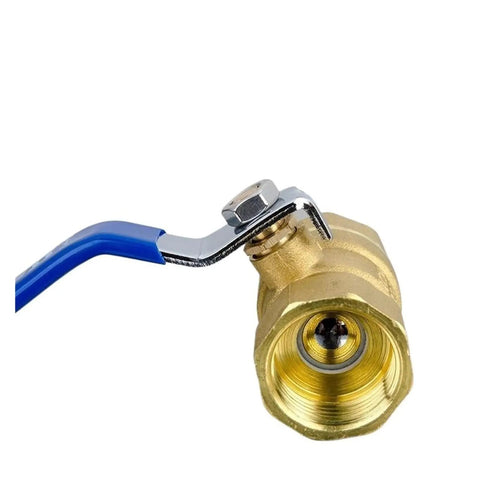 Heavy Duty Brass Ball Valve With Lever Handle For Copper Plumbing Tap Half Inch To Two Inch Threads High Flow Quick Turn close-up with blue lever.