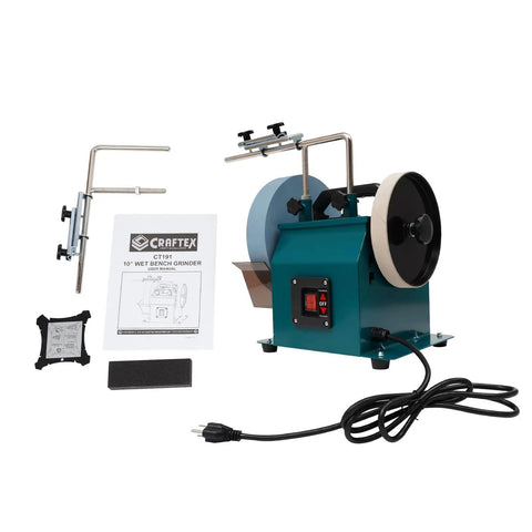 Heavy Duty Wet Bench Grinder Built Tough To Run Butter Smooth With Variable Speed Control For Dang Sharp Knives Axes Chisels And Everyday Sharpening Tasks with accessories.