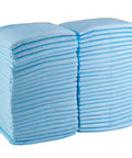 Stack of blue Game Changing Disposable Underpads For Adults Built With Heckin Super Absorbent Layers, sized for mattress protection.