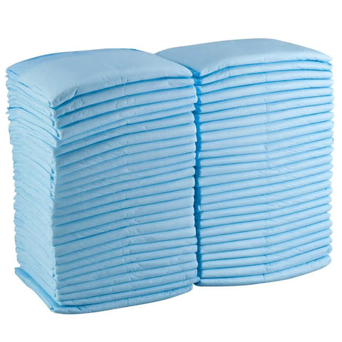 Stack of blue Game Changing Disposable Underpads For Adults Built With Heckin Super Absorbent Layers, sized for mattress protection.
