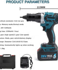 Heavy Duty Brushless Cordless Rivet Gun With Six Interchangeable Tips For Knocking Out Threaded Rivet Nuts And Metal Hardware featuring dimensions, battery specs, and smart button features.