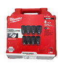 Eight Piece Deep Metric Socket Set With Three Quarter Inch Drive Six Point Shockwave Impact Rating Bold Labeled Markings in red case.