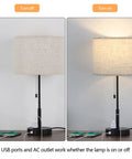Dual USB Table Lamp Set Of 2 with Built-In 3-Prong Outlet shown on and off on a nightstand with charging devices