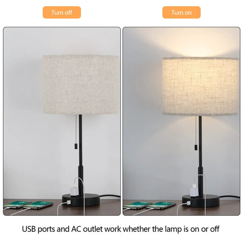 Dual USB Table Lamp Set Of 2 with Built-In 3-Prong Outlet shown on and off on a nightstand with charging devices