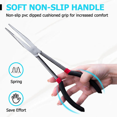 Person holding straight needle nose pliers from Beefy Long Reach 11 Inch Plier Set With 5 Pieces Including Straight Needle Nose Pliers And Angled 25 Degree 45 Degree And 90 Degree Pliers Plus Circle Pliers For Hard To Reach Narrow Spaces, showcasing non-slip handle.