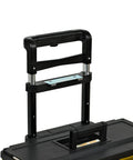 Close-up of a black handle on Three Layer Portable Tool Box On Wheels Detachable Tool Chest With Trolley. Upper section view.
