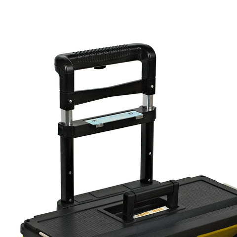 Close-up of a black handle on Three Layer Portable Tool Box On Wheels Detachable Tool Chest With Trolley. Upper section view.