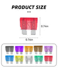 Mini blade fuses in various colors with size dimensions, part of the Grab This Essential Mini Blade Fuse Assortment Kit With An Integrated Extractor Tool For Hassle Free Under Hood Electrical Fixes That Let You Swap Blown Fuses In A Flash And Keep Your Rig Humming.