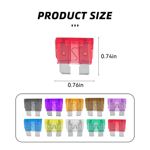 Mini blade fuses in various colors with size dimensions, part of the Grab This Essential Mini Blade Fuse Assortment Kit With An Integrated Extractor Tool For Hassle Free Under Hood Electrical Fixes That Let You Swap Blown Fuses In A Flash And Keep Your Rig Humming.