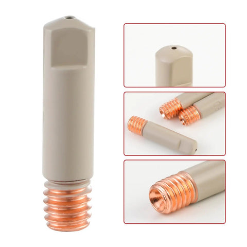 Premium Welding Knight 10 Piece Kit Features Non Stick Coated Ceramic Nozzles And Contact Tips For.035" Wire, close-up view of contact tip.