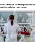 Person wearing lab coat in laboratory, Pack Of 10 Disposable Lab Coats For Adults Large With Two Pockets And Knitted Collar And Cuffs, Front Snap Closure For Quick On Off, Protective PPE For Lab Work, Cleaning, Food Processing, General Maintenance And More.