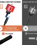 Heavy Duty Drill Bit Extension Set With Three Eighth Inch Hex Shank And Extra Long Forstner Bit Adapter showing hex key screw options.