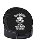 Leather Coasters 6 Piece Set With Holder For Weddings, Bars, Homes, And Offices, with humorous design in holder