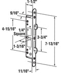 Square Drive Multi Point Sliding Door Mortise Latch 7/32 Inch with dimensions and diecast housing diagram for patio doors.