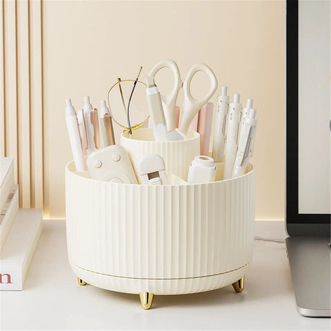 Rotating Six Compartment Desk Organizer For Makeup, Brushes, Skincare, Art Supplies And More, Perfect For Bathroom, Dresser, Countertop Or Kitchen Counter, Keeps Cosmetics, Brushes, Pencils And Markers Neat. White plastic organizer on desk.