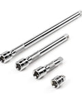 Chrome plated 3/8 Inch Drive Extension Set four piece with 1, 3, 6, 10 inch lengths, beveled drive ends, knurled grip, heavy duty.