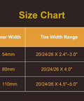 Size chart showing tire width range for 80mm Fat Bike Tire Liner Self Adhesive Inner Tube Protector for 20/24/26 inch tires.