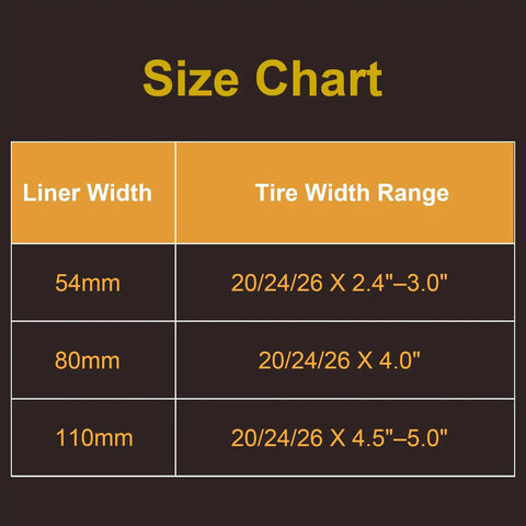 Size chart showing tire width range for 80mm Fat Bike Tire Liner Self Adhesive Inner Tube Protector for 20/24/26 inch tires.