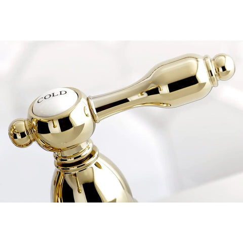 Close-up of polished brass handle on the Polished Brass Four Inch Centerset Lavatory Faucet With ABS Brass Pop Up No Fuss
