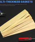 Brass Shim Stock Set, 18 Pcs Rectangular Shims 5.9 x 0.98 Inch With 6 Thicknesses From 0.002 to 0.015 Inch on table with tools